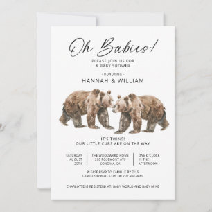 Invitation Oh Babies Twins Aquarelle Ours Baby shower