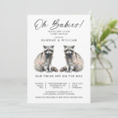 Invitation Oh Babies Twins Aquarelle Raccoons Baby shower (Debout devant)