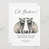 Invitation Oh Babies Twins On The Way Cute Twin Raccoons (Devant / Derrière)