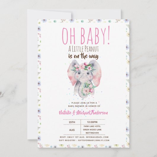 Invitation Oh Baby A Little Peanut Boho Elephant Boho Fleurs (Devant)