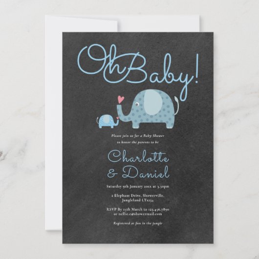 Invitation Oh Baby adorable Eléphants Couples Baby shower (Devant)