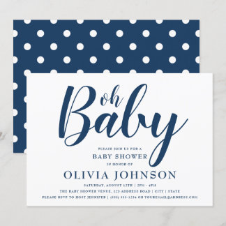 Invitation Oh Baby - Baby shower à points bleu marine Polka