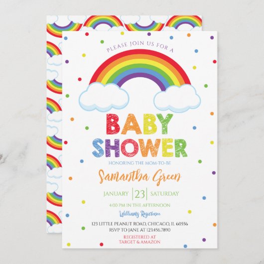 Invitation Oh Baby Baby shower arc-en-ciel (Devant / Derrière)