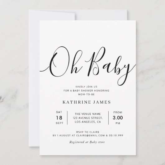 Invitation OH BABY baby shower de script simple (Devant)
