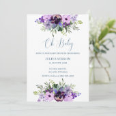 Invitation Oh Baby baby shower fleuri pourpre (Debout devant)