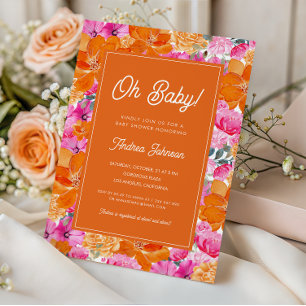 Invitation Oh Baby Baby shower floral rose et orange vif