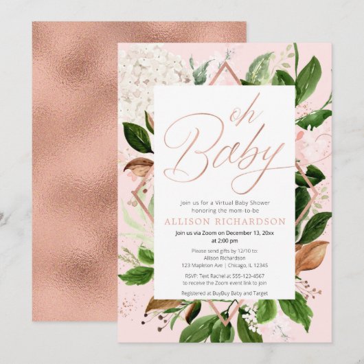 Invitation Oh Baby Baby shower virtuel rose or verdure (Devant / Derrière)