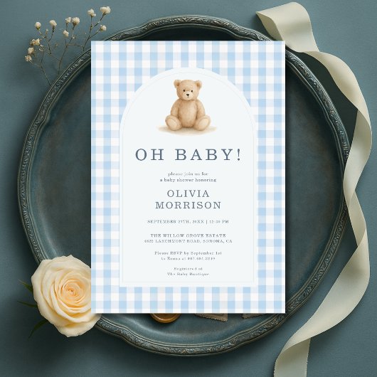 Invitation Oh Baby Bear Blue Gingham Baby Shower