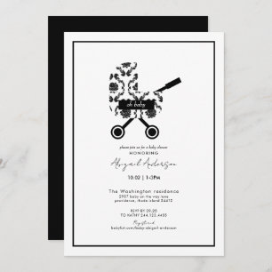 Invitation Oh Baby Black Damask Pram Baby shower  