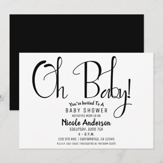 Invitation Oh Baby Black Script moderne minimal douche Party (Devant / Derrière)