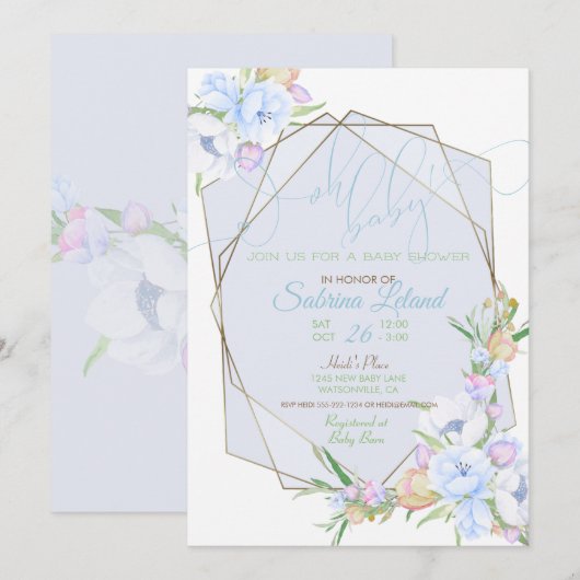 Invitation Oh Baby Blue Floral Baby shower Crystal Frame (Devant / Derrière)