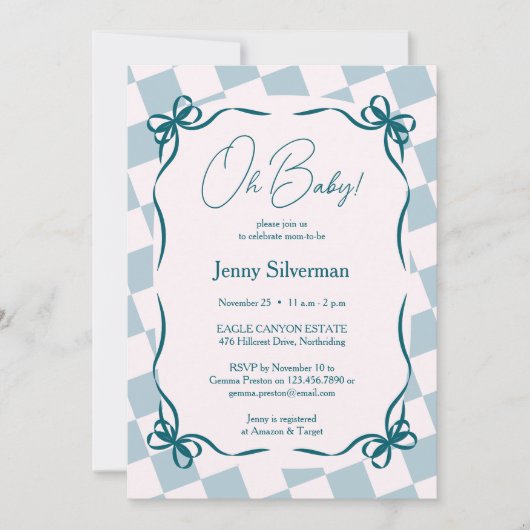 Invitation Oh Baby Blue Gingham Bows Baby Shower (Devant)