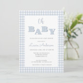 Invitation Oh Baby Blue Gingham Check Boy Baby shower (Debout devant)