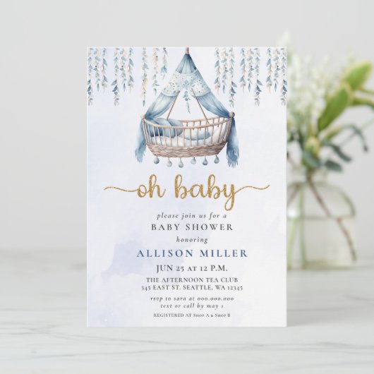 Invitation Oh Baby Blue Gold Crib Boho Baby shower garçon (Debout devant)