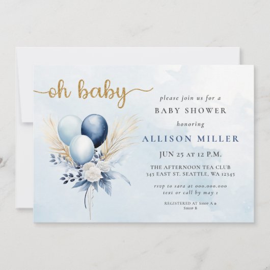 Invitation Oh Baby Blue Gold Pampas Boho Boy Baby shower (Devant)