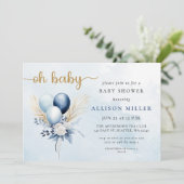 Invitation Oh Baby Blue Gold Pampas Boho Boy Baby shower (Debout devant)