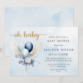 Invitation Oh Baby Blue Gold Pampas Boho Boy Baby shower (Devant / Derrière)