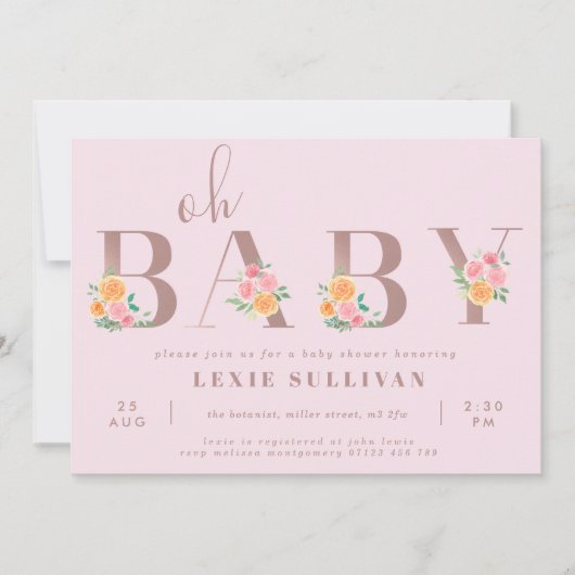 Invitation Oh Baby Blush rose & Orange Baby shower Rose (Devant)