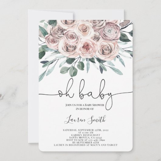 Invitation Oh Baby boho chic rose floral fille Baby shower (Devant)