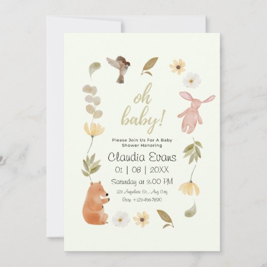 Invitation Oh Baby Boho Fête de bébé thème forêt et neutre (Devant)