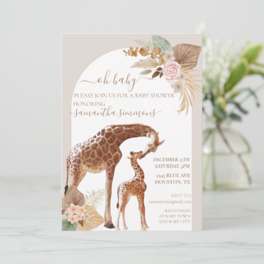 Invitation Oh Baby Boho Tropical Giraffe Baby shower mère (Debout devant)