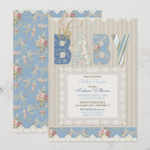 Invitation Oh Baby Bois Rustique Dentelle Bleu Ivoire Garçon
