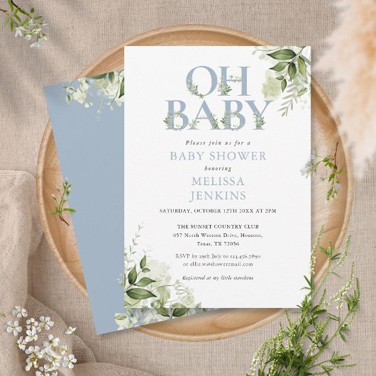 Invitation Oh Baby Botanical Greenery Baby shower bleu Dusty