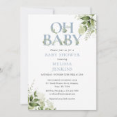Invitation Oh Baby Botanical Greenery Baby shower bleu Dusty (Devant)