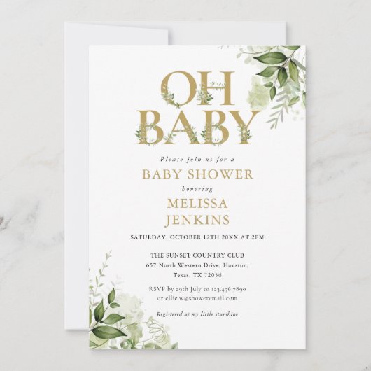 Invitation Oh Baby Botanical Greenery Baby shower Or (Devant)