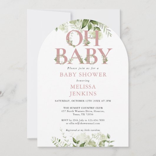 Invitation Oh Baby Botanical Greenery Dusty Baby shower Rose (Devant)