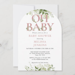 Invitation Oh Baby Botanical Greenery Rose Poussiéreuse Baby