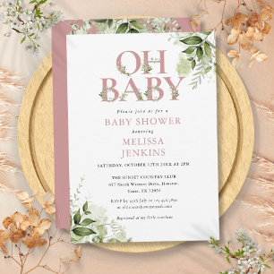 Invitation Oh Baby Botanical Greenery Rose Poussiéreuse Baby