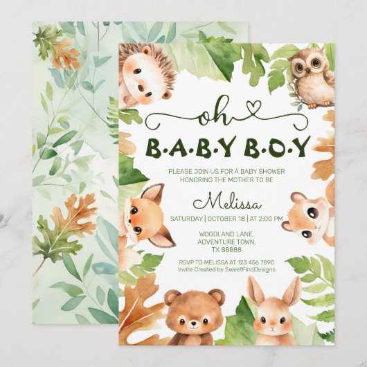 Invitation Oh Baby Boy Spring Forest Animaux Baby shower (Devant / Derrière)