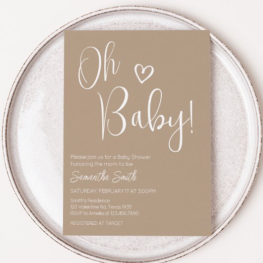 Invitation Oh Baby Brown Baby shower minimaliste