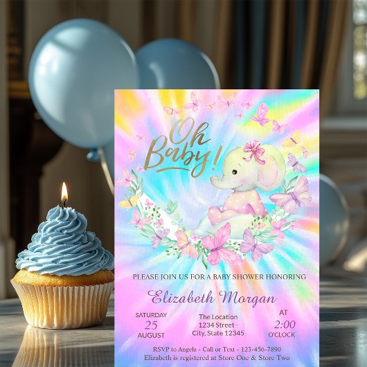 Invitation Oh Baby Butterflies Elephant Tie DyeBaby Shower   