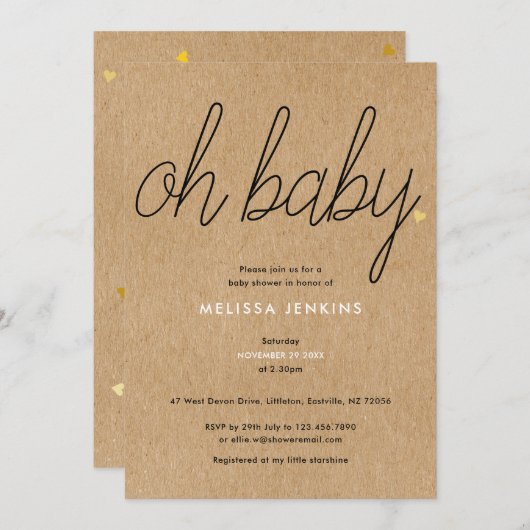 Invitation Oh Baby Chic Script Baby shower / Saupoudrer Rusti (Devant / Derrière)