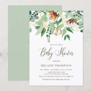 Invitation Oh Baby Cotton Blossoms et Eucalyptus Baby shower