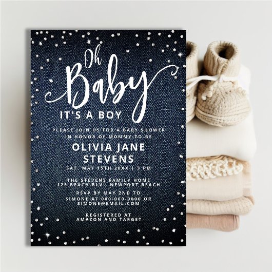 Invitation Oh Baby Denim Diamonds Classy Baby shower garçon