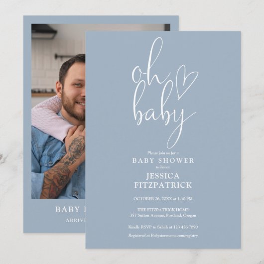 Invitation Oh Baby Dusty Blue Boy Baby shower photo (Devant / Derrière)