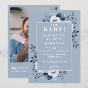 Invitation Oh Baby Dusty Blue Floral Photo QR Baby shower