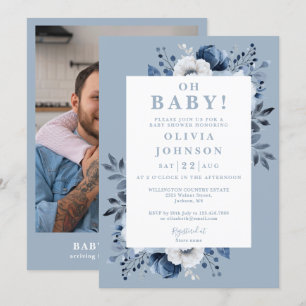 Invitation Oh Baby Dusty Blue Rustic Baby shower photo floral