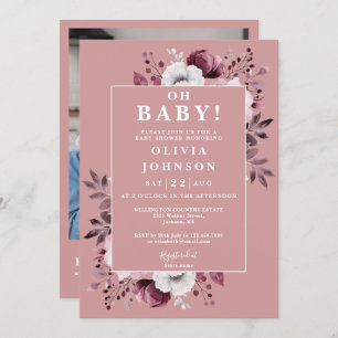 Invitation Oh Baby Dusty Rose Floral Photo QR Baby shower