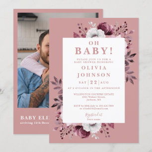 Invitation Oh Baby Dusty Rose Floral Photo QR Baby shower