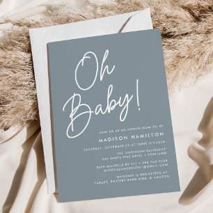 Invitation Oh Baby Écriture Bleu Poussiéreux Baby Shower Mini