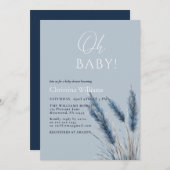 Invitation Oh Baby Elegant Script Baby shower de Pampas Bleu (Devant / Derrière)