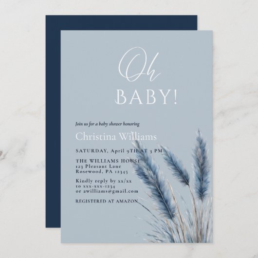 Invitation Oh Baby Elegant Script Baby shower de Pampas Bleu (Devant / Derrière)