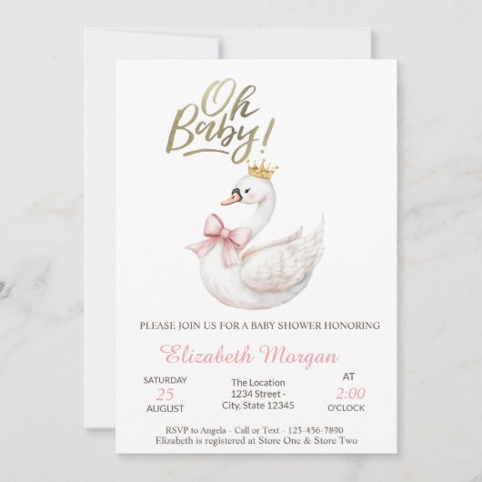 Invitation Oh Baby Elegant Swan Bow Crown Flowers  (Devant)