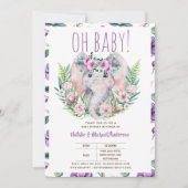 Invitation Oh Baby Elephant avec Fleurs violettes Douche mode (Devant)