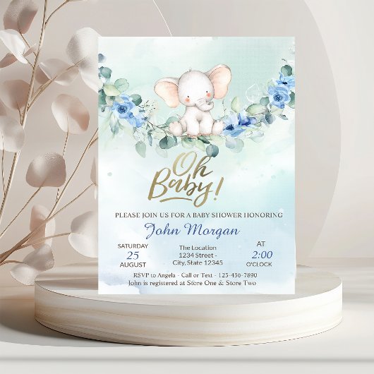 Invitation Oh Baby Elephant Baby shower bleu