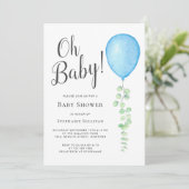 Invitation Oh Baby Eucalyptus Baby shower bleu ballon (Debout devant)